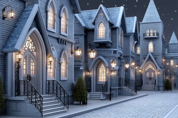 Fototapeta premium Gothic depiction of an old town with cobbled streets and candle-lit windows