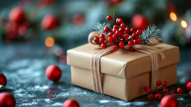 Festive holiday gift box with red berries and twine on snowy surface