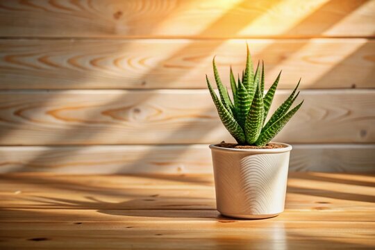 Aloe Vera in Pot on Wooden Floor: A healthy Aloe Vera plant in a white pot sits on a wooden floor, with warm sunlight casting diagonal shadows across the textured wood panel wall.
