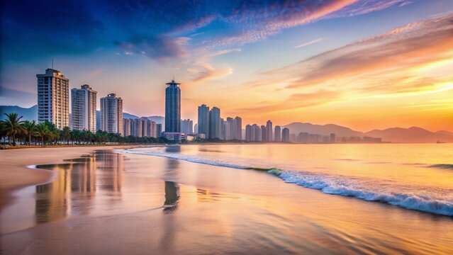 Coastal City Skyline at Sunrise: A vibrant coastal city emerges from the morning mist.