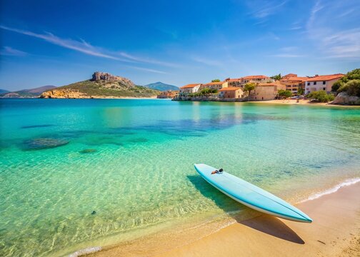 Serene Coastal Paradise: A bright blue paddleboard rests on a sun-kissed sandy beach, gently lapped by the crystal-clear turquoise waters of a tranquil bay. Quaint.