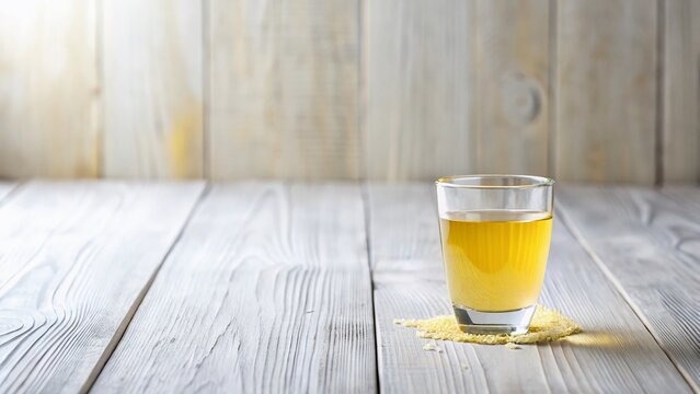 Golden Elixir: A clear shot glass filled with a golden liquid rests on a rustic wooden surface, bathed in soft light, creating an atmosphere of sophisticated simplicity.