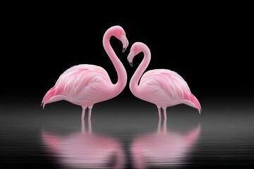 Fototapeta premium Two flamingos standing in mirror image, forming a heart shape with their necks