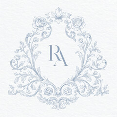Vintage Floral Monogram Crest with Ornate Roses and Scrollwork. Hand-Drawn Botanical Frame with Elegant Monogram Letters RA.