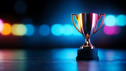 A stunning trophy reflecting vibrant lights, symbolizing achievement and victory. Perfect representation of success in competitions or recognition events.