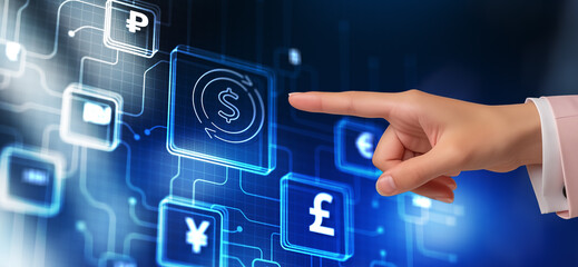 Concept of international currency market. World currencies icons