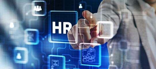 HR. Human resources management and recruitment concept. Double exposure network mixed media structure