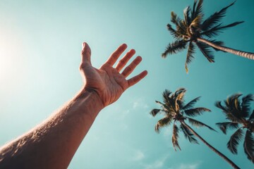 A close-up view of a hand reaching up towards the vibrant blue sky, amidst lush tropical palm trees.