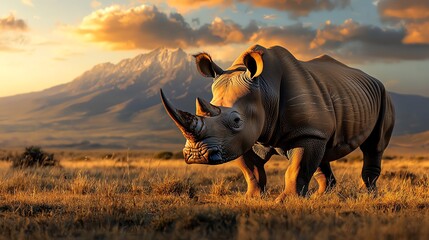 Obraz premium A majestic rhinoceros grazes in the golden savannah at sunset, with a stunning mountain backdrop, highlighting the beauty of wildlife in its natural habitat.