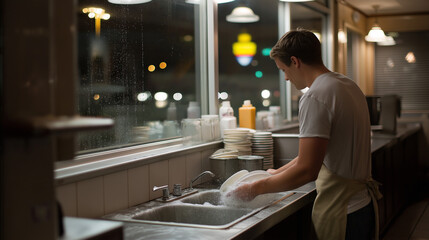 Diner Dishwashing During Late Evening Rush Hour