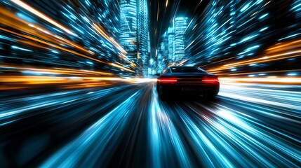 A dynamic shot of a car speeding through a vibrant city at night, showcasing the motion blur of lights and buildings, capturing the essence of urban nightlife and adventure.