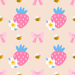 Seamless pattern featuring strawberries, flowers in a kawaii style. Perfect for fabric prints, wallpaper, and wrapping. Playful and soft look for children products