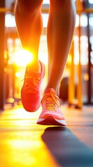 Fototapeta premium Motivated runner steps through gym entrance during bright morning light