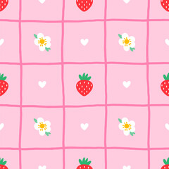 Seamless pattern featuring wild strawberries, gingham texture, and hearts. Perfect for fabric, wrapping paper, and romantic summer designs