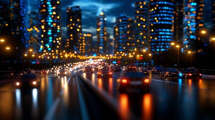 A bustling nighttime cityscape featuring vibrant lights and flowing traffic