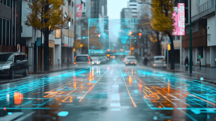 holographic overlay of digital content, like text or images, interacting with real-world elements in an augmented reality setting 