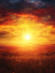 Fototapeta premium Golden Sunset Landscape: Warm Rays over Serene Grassland