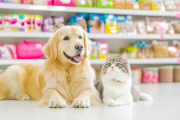 A cat and a dog lying side by side in a pet store, looking upwards with anticipation. The shelves are full of pet food and supplies