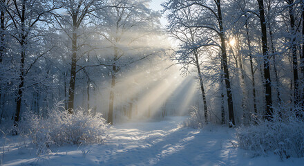 Winter Sunbeams: Enchanting Snow Forest Path AI Generated