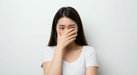Fototapeta premium Young asian woman expressing embarrassment with hand covering her face