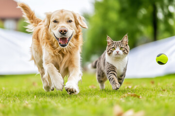 A playful golden retriever running towards a tabby cat, both with expressions of joy. The dog has its tongue out, and the cat has its ears perked up. A green tennis ball is in mid-air behind them.