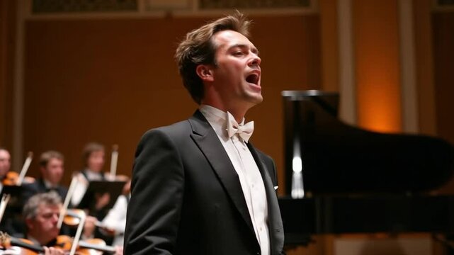 Male singer performing passionately on stage with orchestra  