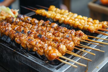 Grilled Meat Skewers Over Charcoal with Glaze and Fresh Ingredients