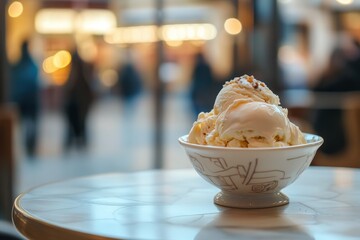 A bowl of creamy vanilla ice cream topped with nuts.