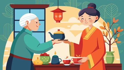 A woman is holding a cup of tea for an older woman. The woman is wearing a blue apron