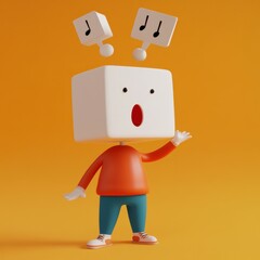 3D character with music notes on an orange background waving hello