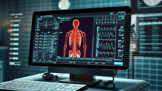 Medical Analysis: A computer display reveals a detailed image of a human skeleton with interconnected biological data, set against a hi-tech laboratory backdrop.