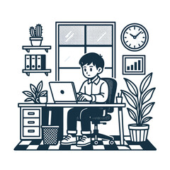 Monochrome vector illustration set featuring daily life scenes: kids studying, jogging, playing guitar, waking up, sleeping, and eating together. Clean line art style, perfect for editorial, lifestyle