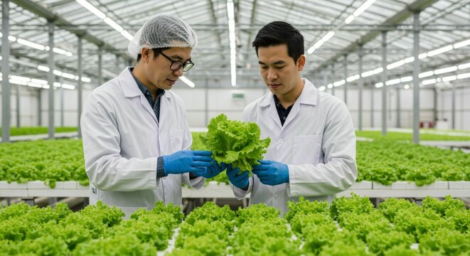 Two Asian botanists examining lettuce in a hydroponic greenhouse setting research