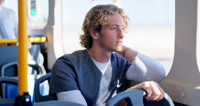 Thinking, person and nurse on bus for travel journey, public transport and waiting for destination stop. Man, window or thoughts for reflection of morning traffic, commute ideas and location decision