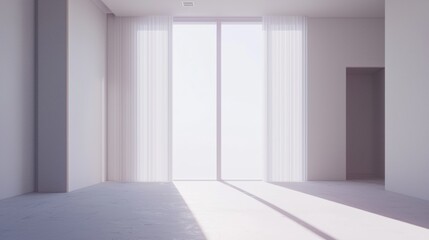 Fototapeta premium A minimalist white room with a large window and white curtains.