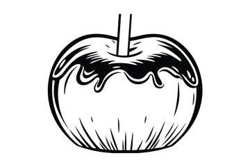 Illustration Of A Sweet Caramel Apple With Stick In Black And White Coloring Book Style
