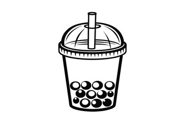 Black And White Bubble Tea Illustration With Straw And Tapioca Pearls Minimalist Style Design Simple Vector Graphics