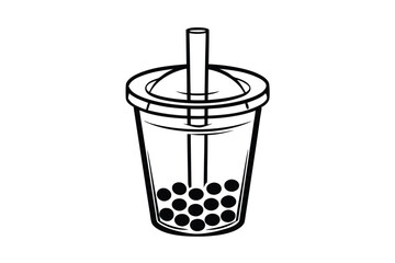 Black And White Line Art Illustration Of A Boba Milk Tea Drink With Tapioca Pearls And Straw