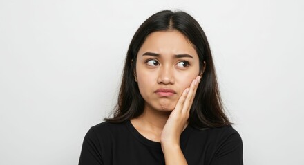 Obraz premium Young asian woman exhibiting discomfort with hand on cheek and pensive gaze