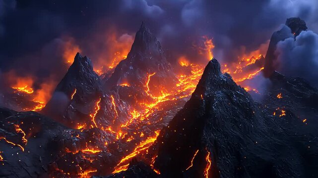 Volcanic Eruption with Flowing Lava and Fiery Mountain Peaks at Night

