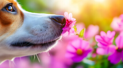 A dog sniffs a pink flower in full bloom surrounded by vibrant garden greenery