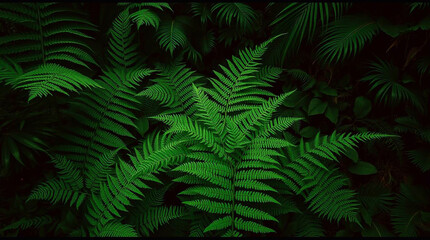 A surreal cinematic image depicting a prehistoric plant pattern of rich green fern leaves and tropical jungle foliage in infrared tones. The dramatic style, otherworldly appearance, and film-like comp