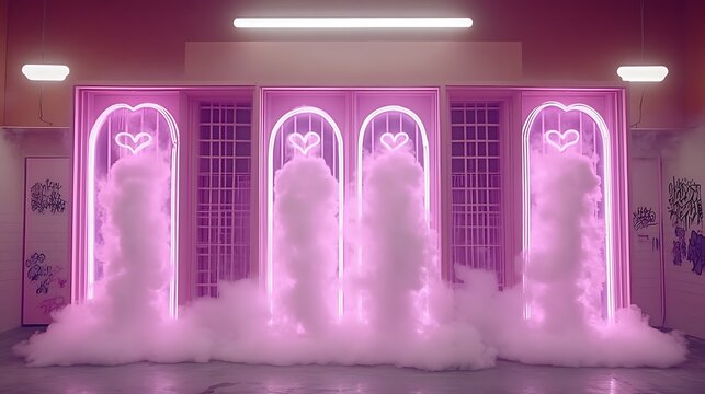 Pink neon arches, heart-shaped glows, and swirling smoke fill a corridor.