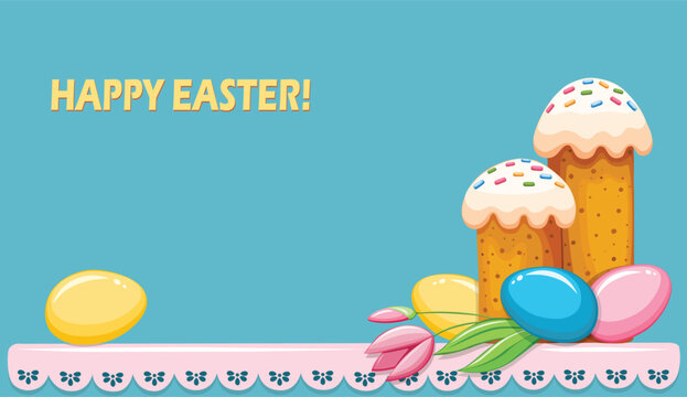 Postcard or poster with Easter motif with eggs, decorated Easter cakes and tulips on the table.
