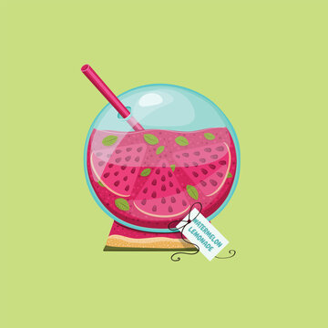 Bright summer illustration or poster with glass vessel with watermelon lemonade and mint