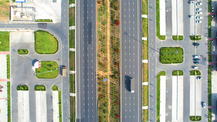 Aerial drone straight down show showing the new six lane delhi mumbai expressway with the rest...