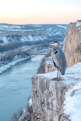 Heron on Cliff, Winter River View