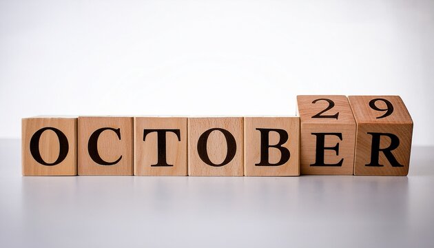 Minimalist photo of wooden blocks with date 29 October. Day and month, calendar on white background
