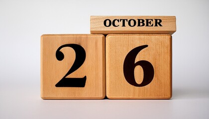Minimalist photo of wooden blocks with date 26 October. Day and month, calendar on white background