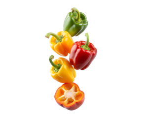 Vibrant Colorful Bell Peppers Falling in Mid Air Isolated on White Background Fresh Vegetables Healthy Food Ingredients Cooking Recipe